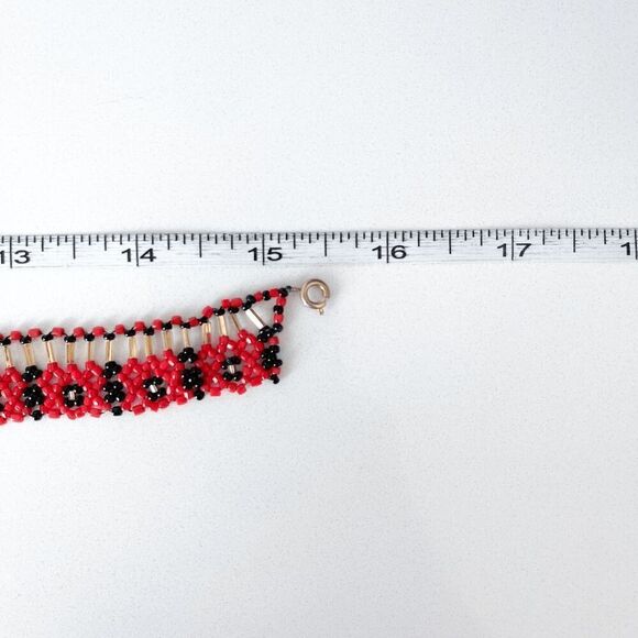 Handmade Women's Ukrainian Gold-Tone Floral Beaded Choker Necklace Red Black - Picture 4 of 4